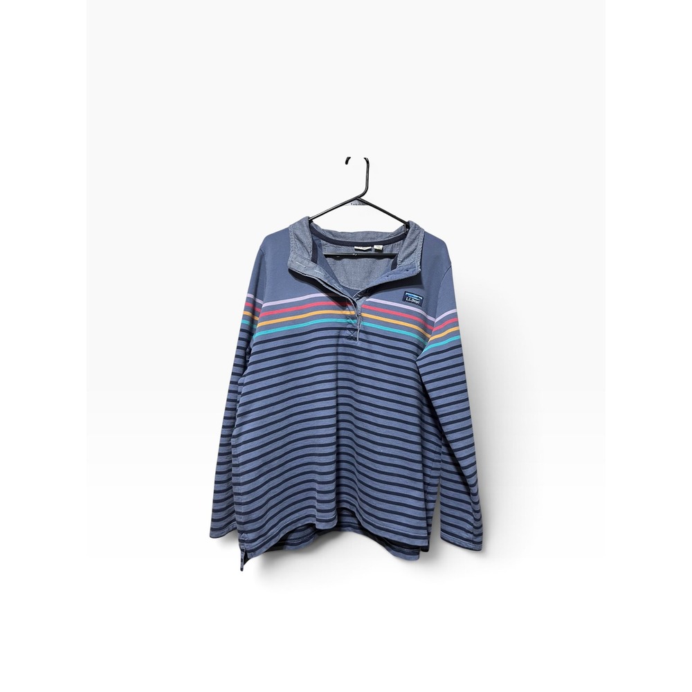 LL Bean Vintage Womens 1X Blue Striped Cotton French Terry Pullover Top 504432